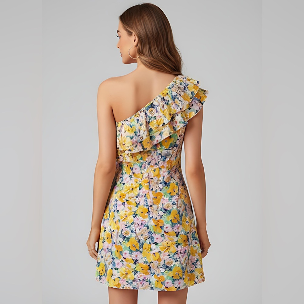 Boho Floral Print One Shoulder Ruffle Trim Dress - Picture 3 of 9